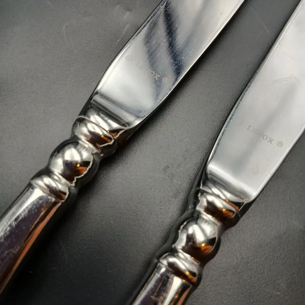 Pearl Platinum by Lenox 18/8 Glossy Stainless Steel Dinner Knives Set Of 2 Vtg